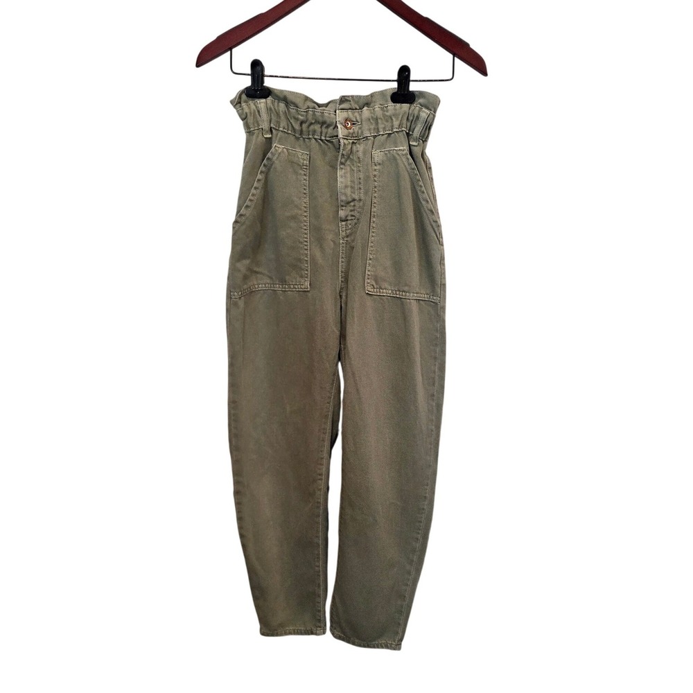 Zara Paperbag Waist Cargo‎ Pants High Rise Tapered Olive Green Utility 24 USA 2